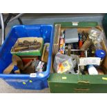 Box and plastic crate of general household goods and hand tools