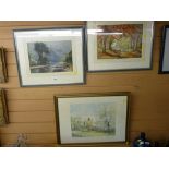A M GOWLAND watercolours, two - drover and sheep and a riverside scene, 26 x 36 cms and 24 x 35