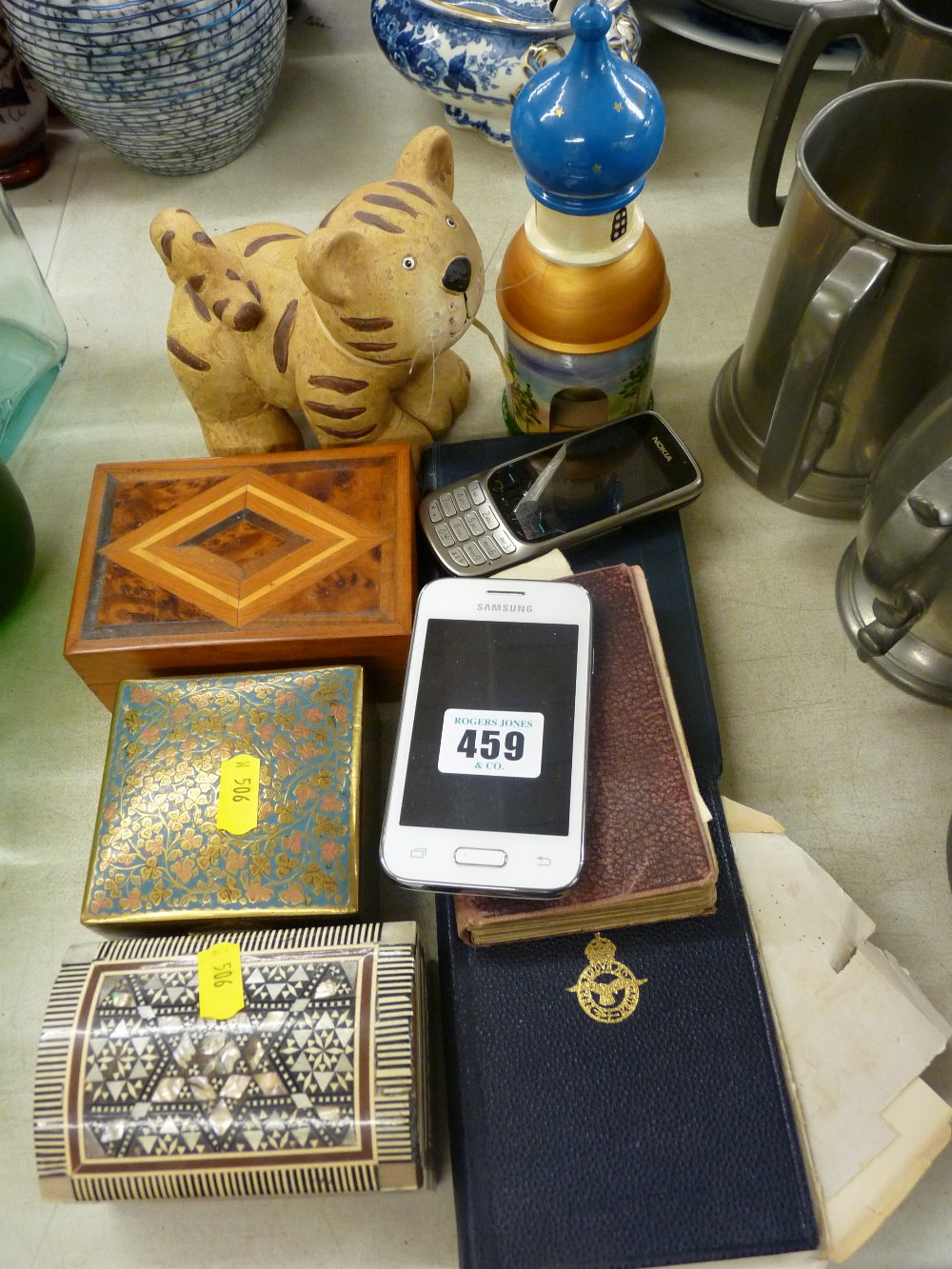 Two mobile phones, three decorative trinket boxes etc (no chargers)