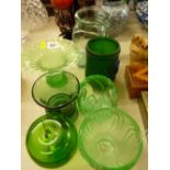 Collection of green glass vases and vessels