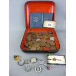 Papier mache lacquerwork box containing a quantity of vintage British coinage and other