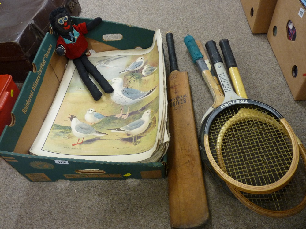 Collection of educational display posters, a cricket bat, a quantity of vintage tennis racquets