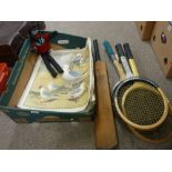 Collection of educational display posters, a cricket bat, a quantity of vintage tennis racquets