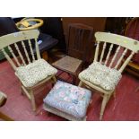 Two lime washed farmhouse chairs, a cane seated side chair and an upholstered top footstool