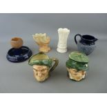 Two Royal Doulton character jugs, a Belleek vase, a Doulton match striker, a Royal Ivory porcelain