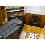 Parcel of three vintage radios by Ekco, Marconi and Phillips and two wooden cased speakers