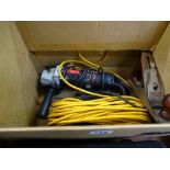 Box of 115mm angle grinder, vintage Ross plane, extension lead etc E/T