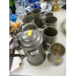 James Dixon & Son glass bottomed pewter flagon and various pewter tankards