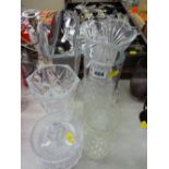 Selection of cut and other glass vases and a cut glass biscuit barrel