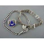 Silver padlock bracelet, fob type chain and an enamel Welsh Lady hat brooch