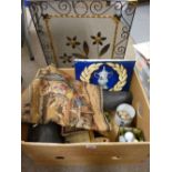 Mixed box of collectables, unframed vintage style tapestry and a wrought iron sparkguard
