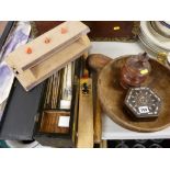 Artist's paintbrush box and contents, a toy cricket bat and wooden mallet, a turned yew wood fruit