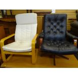 Mid Century style button back upholstery and bentwood swivel lounge chair and another light wood
