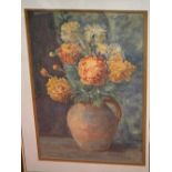 UNSIGNED watercolour - still life, chrysanthemums in a pot, 51 x 33 cms