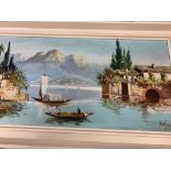 MARTINI oil on canvas - Continental lake scene, 38 x 78 cms
