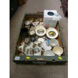Collection of vintage and other pill boxes with commemorative mugs and beakers etc