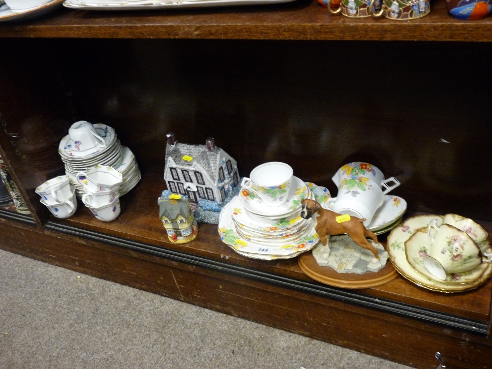 Parcel of Staffs teaware, cottage ornaments, pottery bulldog etc