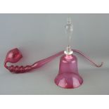 Victorian cranberry glass pipe and a hand bell