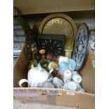 Parcel of mixed porcelain, slate mantel clock, another mantel clock, wall clock etc
