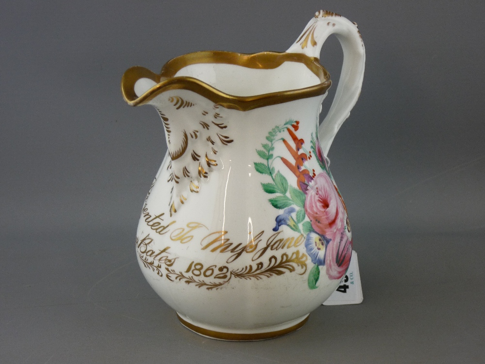 Victorian hand painted jug presented to Mrs Jane Bates, 1862