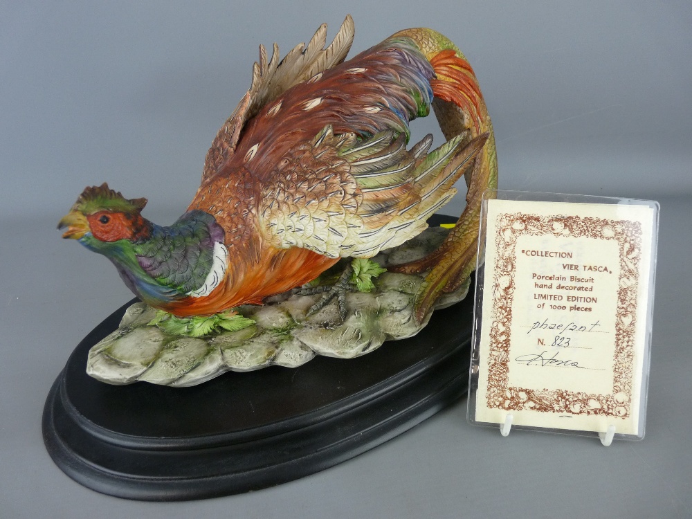 Capodimonte hand decorated model of a pheasant on a wooden plinth, limited edition no. 823/1000,