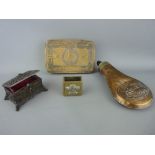 WWI brass Christmas tin, vintage copper shot flask, cast metal trinket box and a trench art matchbox