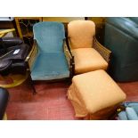 Two vintage Bergere armchairs, both having different colour upholstery, one with matching footstool