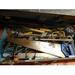 Wooden toolbox containing quantity of hand tools etc