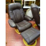 Ultra modern brown leather effect swivel easy chair and matching footstool