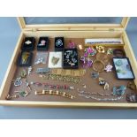 Modern jewellery display case and contents including a Lea Stein fox brooch, Celtic 'C Gems'