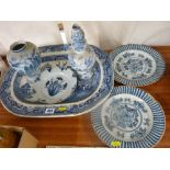 Two Delft ware blue and white vases and three various plates (damages and losses) and a Willow