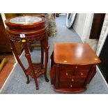 Modern Oriental hardwood jardiniere stand and a mahogany effect magazine cabinet with five drawers