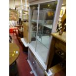 Ultra modern lime washed glass topped corner display cabinet with two drawer and cupboard base