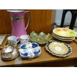 Parcel of mixed china and pottery including a pink toilet jug, large leaf dish and four matching