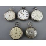 Four hallmarked silver cased pocket watches and one other, various conditions