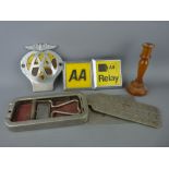 Three vintage AA badges and a Rolls razor