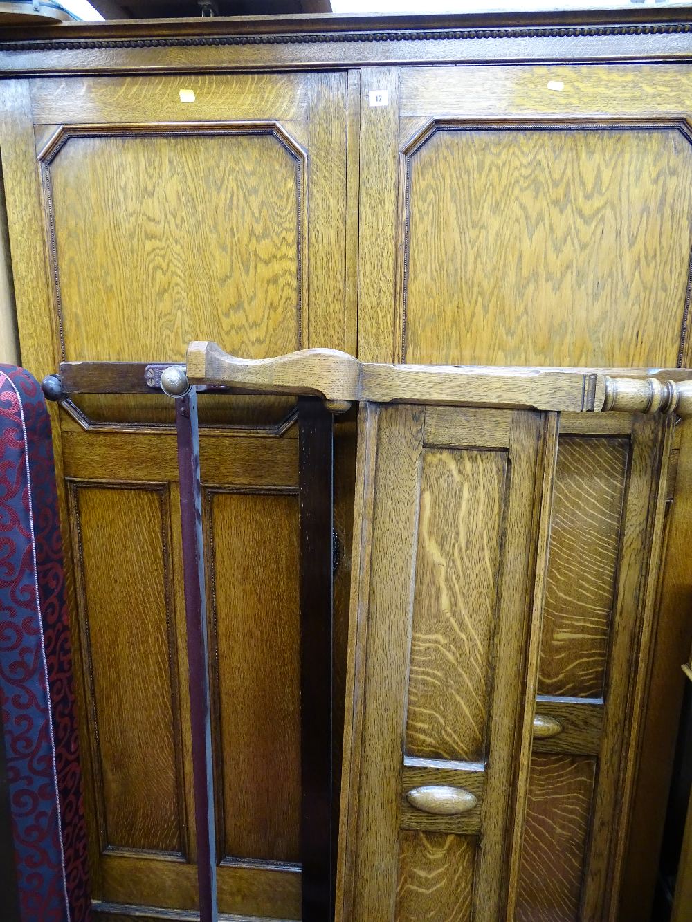 Vintage oak two door wardrobe and non-matching pair of oak bedends and irons