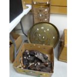 A brass Benares tea tray & stand, a folding carved cake stand together with a box of carved native