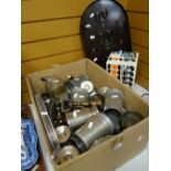 A box of pewter mugs, a bagatelle board ETC Condition reports are provided on request by email