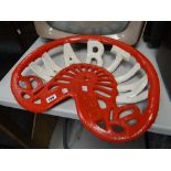 A vintage red & white painted metal Martin Stamford tractor seat Condition reports are provided on