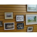 Sundry framed pictures including watercolour of marshland, topographical print of Dundee ETC