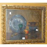 Framed oil painting - still life with a copper lustre jug and fruit in acanthus relief decorated