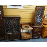 A carved & glazed corner cupboard, an antique wash basin stand & a glazed and linenfold bookcase