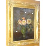 A framed oil painting of a still life of flowers in a jug, in good antique gilt frame Condition