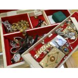 A twentieth century jewellery box & contents including watches, costume jewellery ETC Condition