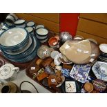 Two trays of miscellaneous crockery including a large quantity of Wedgwood Oven-to-Table 'Blue Paci