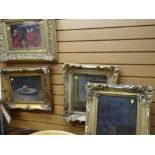 Four distressed paintings in good quality antique frames including gold leaf example with acanthus