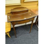 A neat antique inlaid mahogany writing desk with mounted stationery stand & tooled leather surface