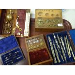A parcel of vintage cased drawing sets & weights Condition reports are provided on request by