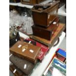 An assembly of wooden boxes, chess set & chess board, monogrammed vintage case ETC Condition reports